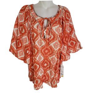 Notations Womens Blouse Small Embellished Tie Neck Keyhole Crinkle Top Bell Slv